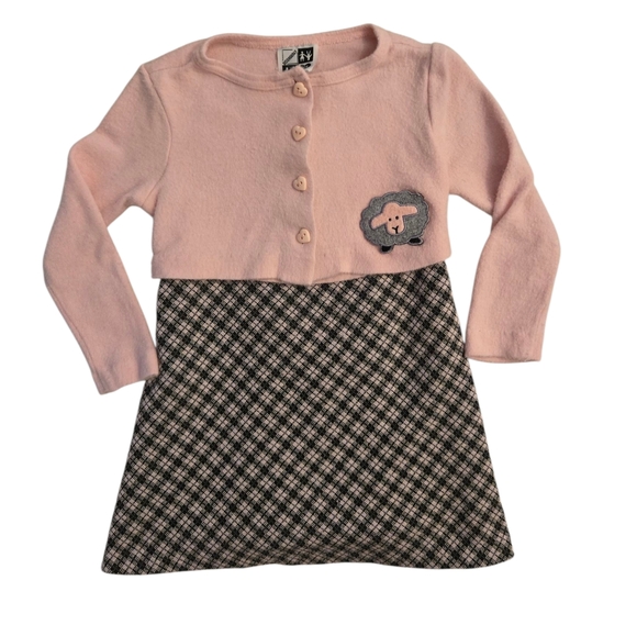 Vintage Y2k Pink Black Grey Plaid Dress Sheep Patch Cardigan - Picture 1 of 7